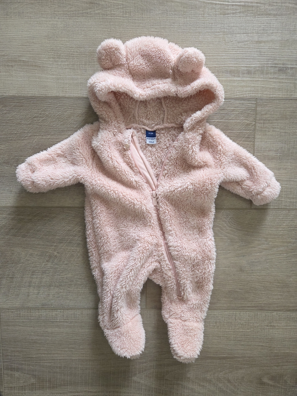 Old Navy Plush Light Pink Hooded Baby Footie with Bear Ears